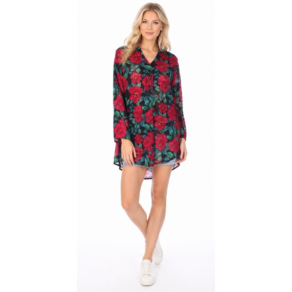 Victoria's Secret Floral Sheer Tunic Longline Blouse M Red Roses Button Front